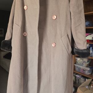 Evan Picone Taupe Double-Breasted Coat with Black Faux Fur Cuffs